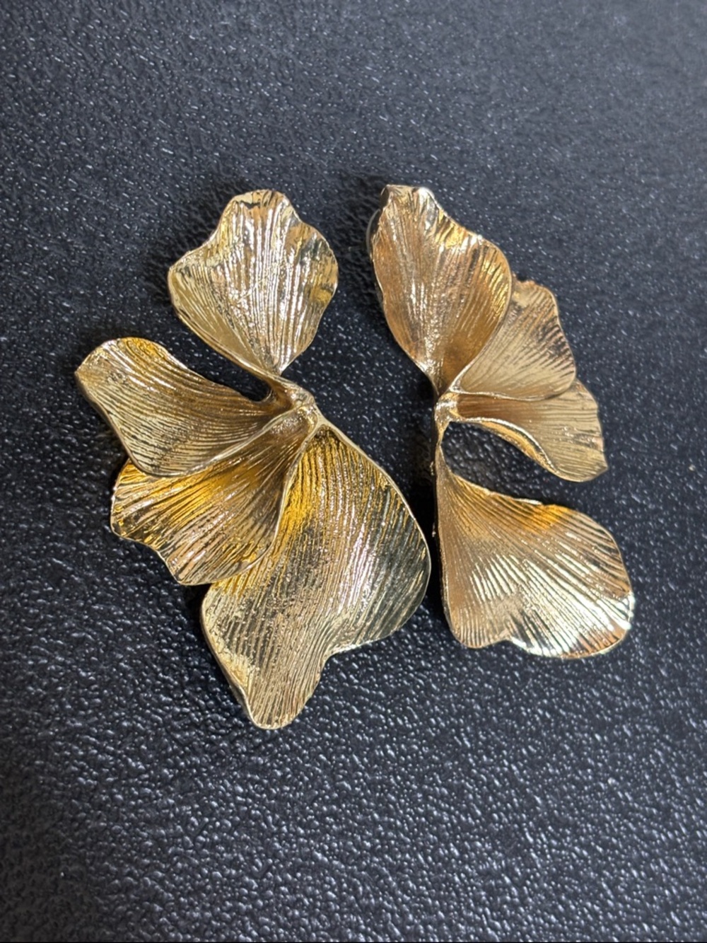 Chunky Gold Floral Petal Drop Earrings - Elegant Women Jewelry Runway - Picture 5 of 6